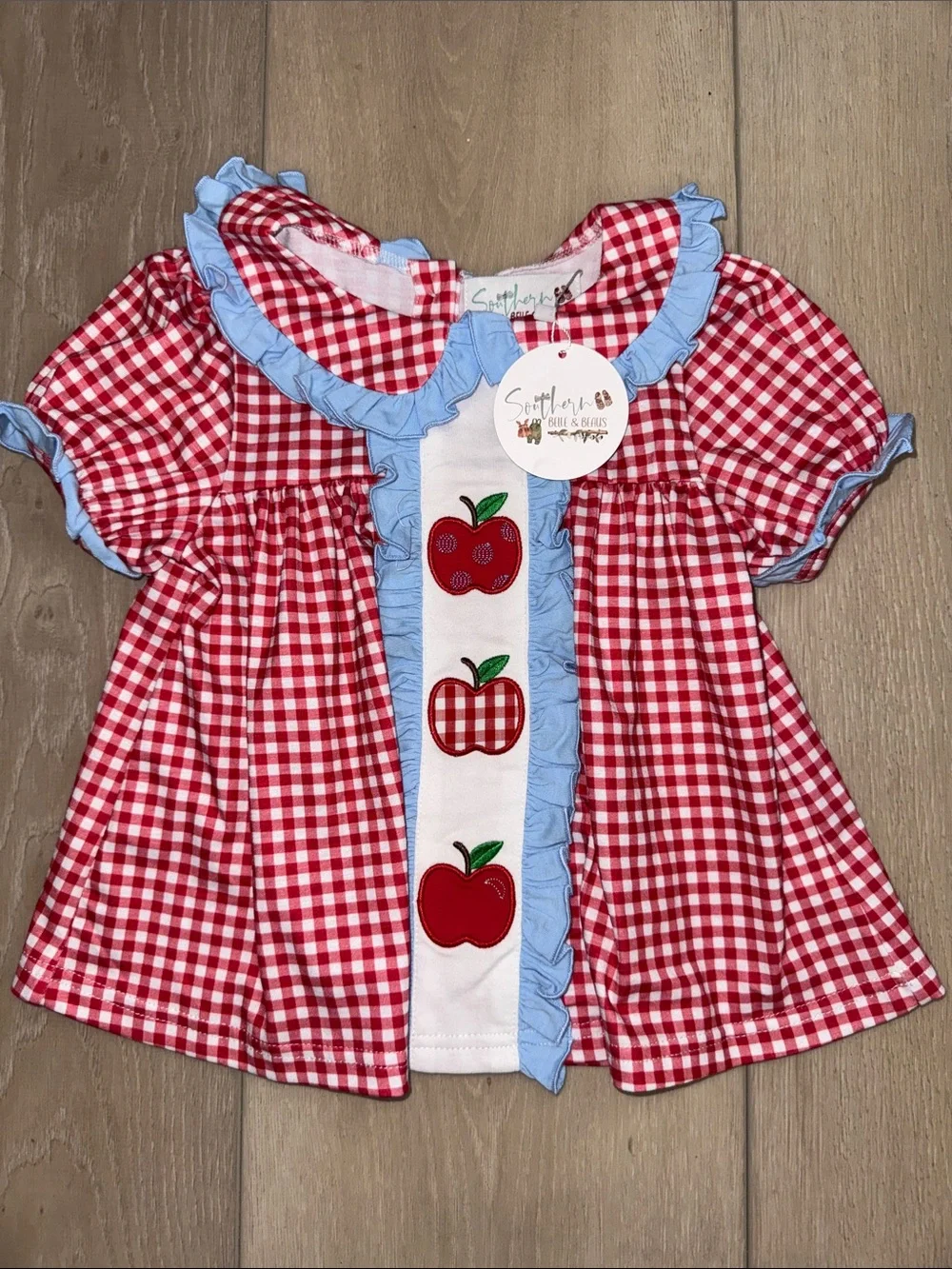Red Gingham Baby Dress with Apple Appliqué